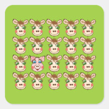 Pegatina verde cuadrado de las vacas y del cerdo