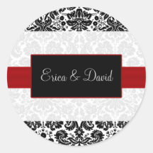 pegatinas rojos del monograma del boda del damasco