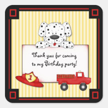 Pequeño bombero Dalmation - primer cumpleaños Calcomania Cuadradas Personalizadas