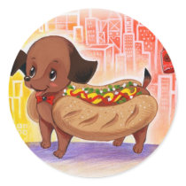 Perrito caliente en el lindo Kitschy de la ciudad pegatinas
