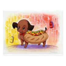 Perrito caliente en el lindo Kitschy de la ciudad Postales