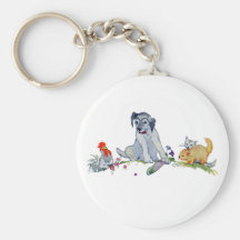 Perro con dos gatitos, gallinas y zapatos llavero personalizado