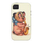 Perro del cumpleaños con el saxofón cárcasas casemate