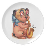 Perro del cumpleaños con el saxofón platos