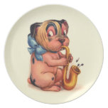 Perro del cumpleaños con el saxofón platos