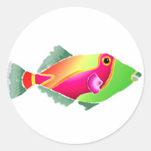 Pescados tropicales del rosa y del verde etiquetas redondas