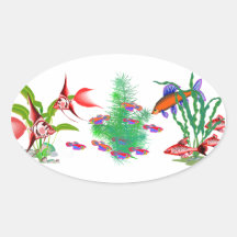 Pescados tropicales rojos en plantas pegatinas de ovaladas