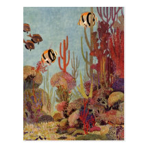 Pescados y coral tropicales del vintage en el océa postales