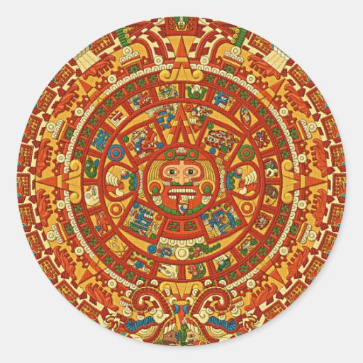 Piedra azteca del calendario o piedra de Sun de Mé Etiqueta Redonda