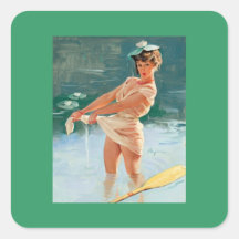 Pin retro de Gil Elvgren del vintage encima del ch Calcomanias Cuadradas