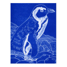 Pingüino azul de Linocut Tarjeta Postal