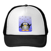 Pingüino del dibujo animado con los copos de nieve gorra