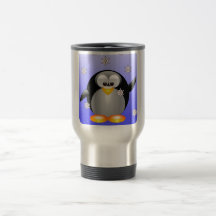 Pingüino del dibujo animado con los copos de nieve tazas de café