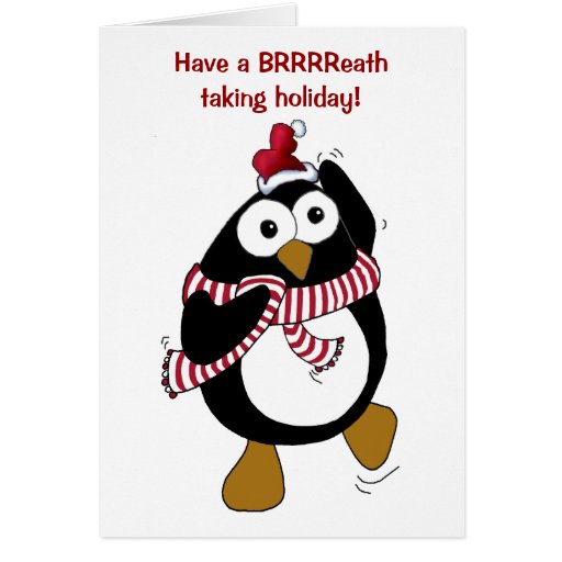 Pingüino del navidad del dibujo animado que lleva  tarjeton