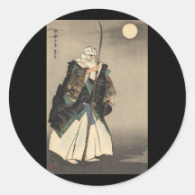 Pintura japonesa del guerrero. Circa 1922 Etiqueta Redonda