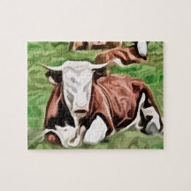 pintura que se sienta de la vaca marrón y blanca puzzles con fotos