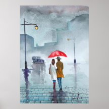 Pintura roja del paraguas de los pares románticos  posters