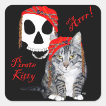 Pirata de Halloween del gato de Tabby Pegatinas Cuadradas