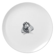 Placa blanca con la cabeza de caballo de plata plato de cena