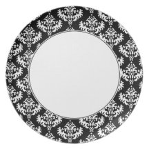 Placa blanco y negro del damasco plato de cena