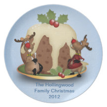 Placa de encargo del navidad de la familia con el  platos para fiestas