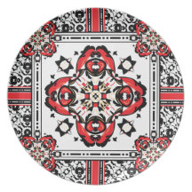 Placa roja y negra del damasco bonito del navidad plato de comida