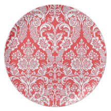 Placas rojas del día de fiesta del damasco el | plato para fiesta