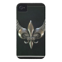 PLATA Y FLOR DE LIS COA ALAS NEGRO iPhone 4 Case-Mate CÁRCASA