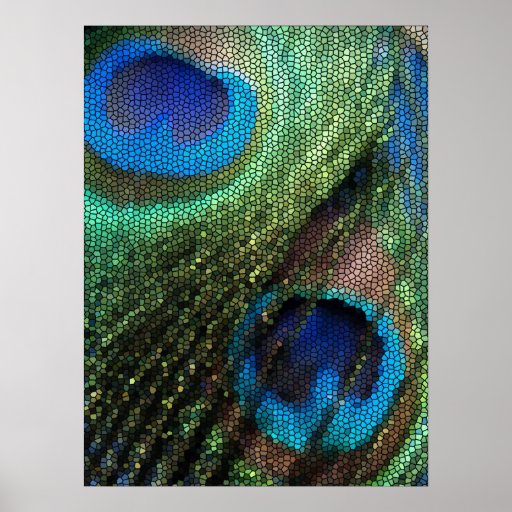 Pluma azul del pavo real con efecto del vitral posters