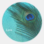 Pluma azul del pavo real de la aguamarina metálica etiqueta