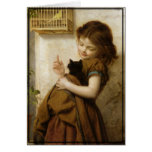 Poco chica toscano con el gatito y el pájaro tarjetón