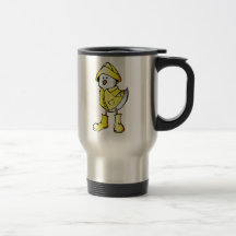 Polluelo del bebé del dibujo animado que lleva un  taza