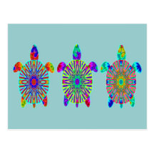 Postal colorida de tres tortugas