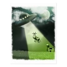 Postal cómica de la abducción de la vaca del UFO