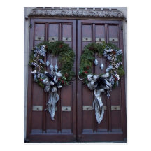Postal de las puertas de la iglesia del día de fie