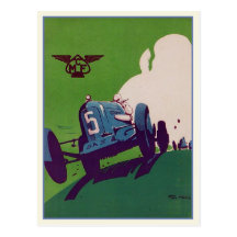 Postal del vintage con el coche de competición vie