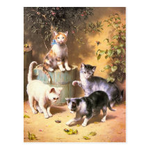 Postal: "Gatitos que juegan con los escarabajos "