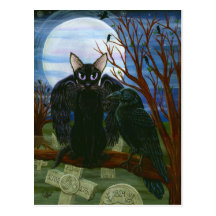 Postal gótica del arte del cuervo del gato negro d