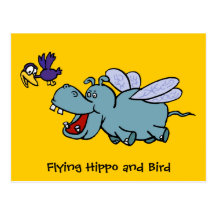 Postal: Hipopótamo y pájaro del vuelo