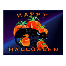 Postal negra del gatito del feliz Halloween