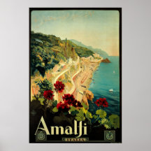 Poster del viaje del vintage, costa costa de Amalf