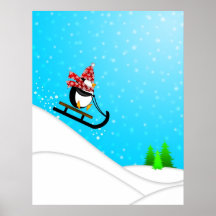 Poster lindo del trineo de la nieve del pingüino