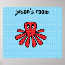 Poster rojo del pulpo del argyle en azul