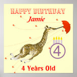 Poster rojo y púrpura del cumpleaños de la jirafa 