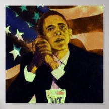 Presidente Obama delante de la bandera americana Poster