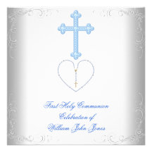 Primer azul blanco de la comunión santa del muchac invitación personalizada