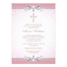 Primera comunión de la cruz rosada del damasco invitacion personalizada