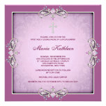 Primera comunión del damasco de la cruz del rosa r invitaciones personalizada