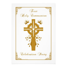 Primera comunión santa - diseño floral cruzado invitacion personalizada