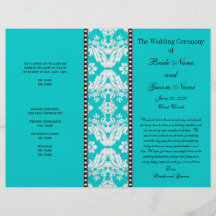 Programa blanco del boda del damasco de la aguamar tarjetón
